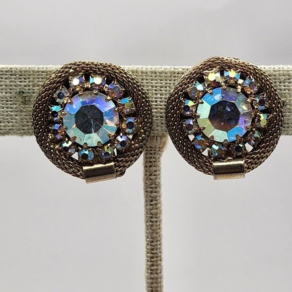 Vintage Weiss Mesh Rhinestone Earrings Aurora Borealis Gold Tone - Picture 3 of 7